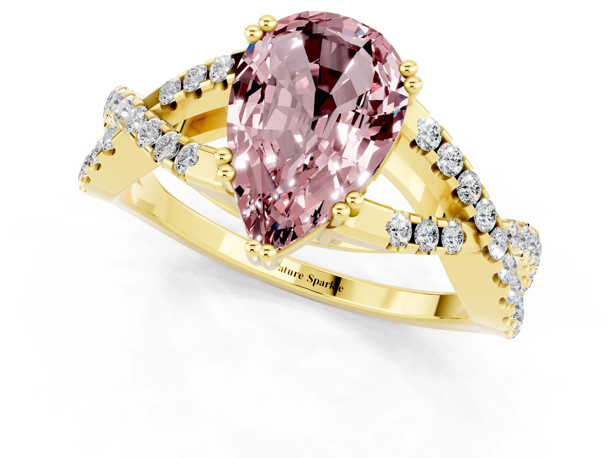 Pear Cut Morganite Solitaire Ring in Yellow gold with Interwoven Pavé Band and Prong Setting_1