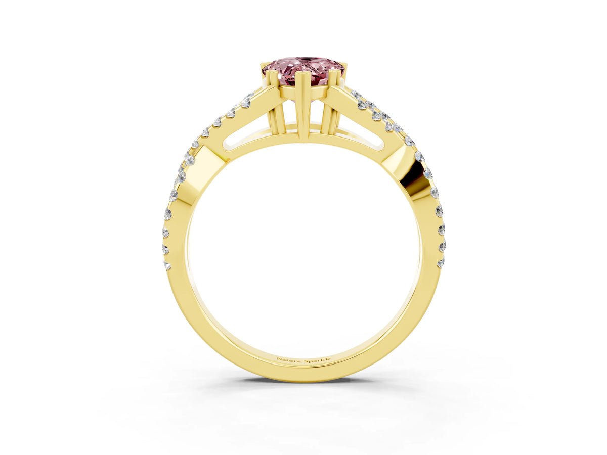 Pear Cut Morganite Solitaire Ring in Yellow gold with Interwoven Pavé Band and Prong Setting_3