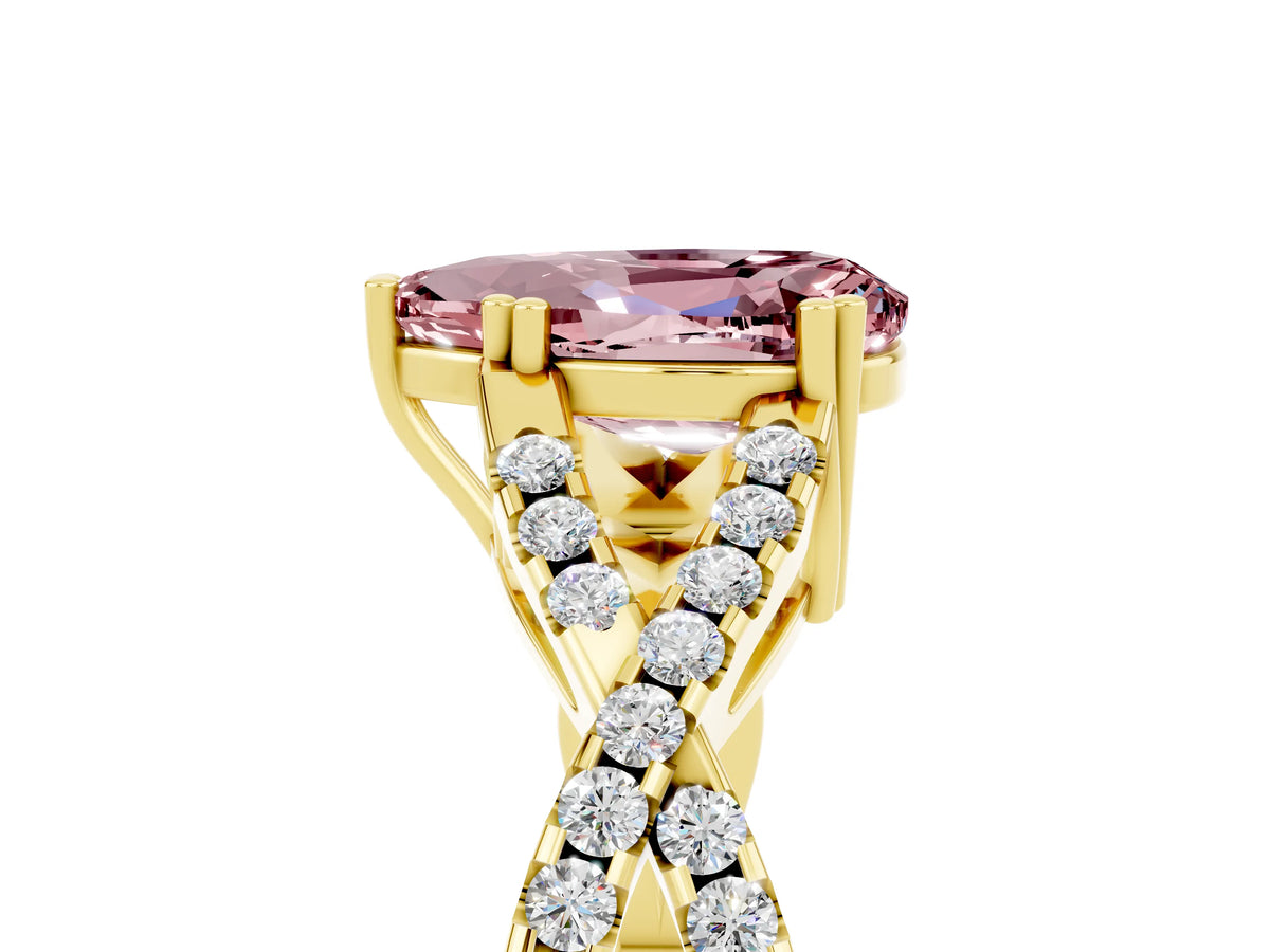 Pear Cut Morganite Solitaire Ring in Yellow gold with Interwoven Pavé Band and Prong Setting_5