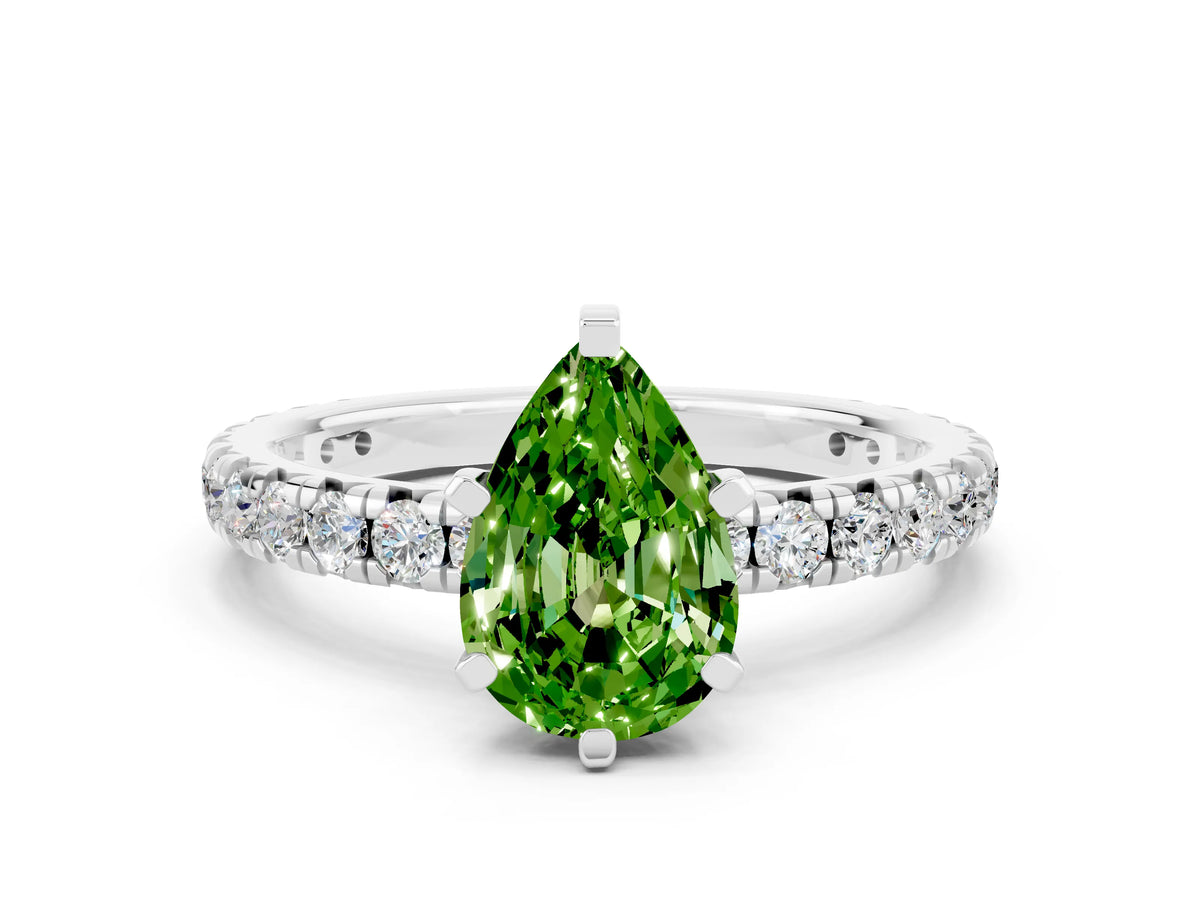 Pear Cut Peridot Pavé Solitaire Ring in Silver with Round Pavé Band and Prong Setting