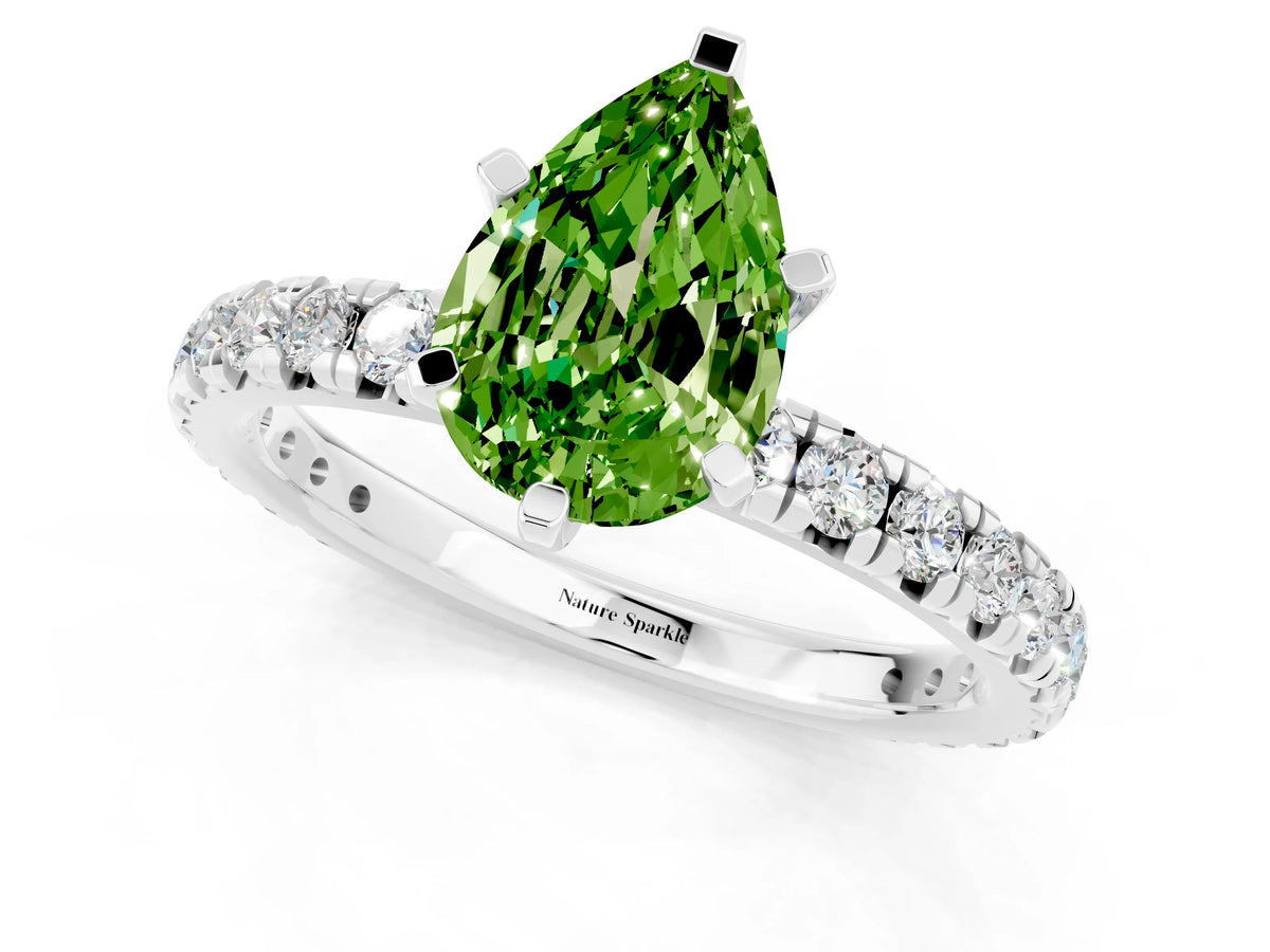 Pear Cut Peridot Pavé Solitaire Ring in Silver with Round Pavé Band and Prong Setting_1