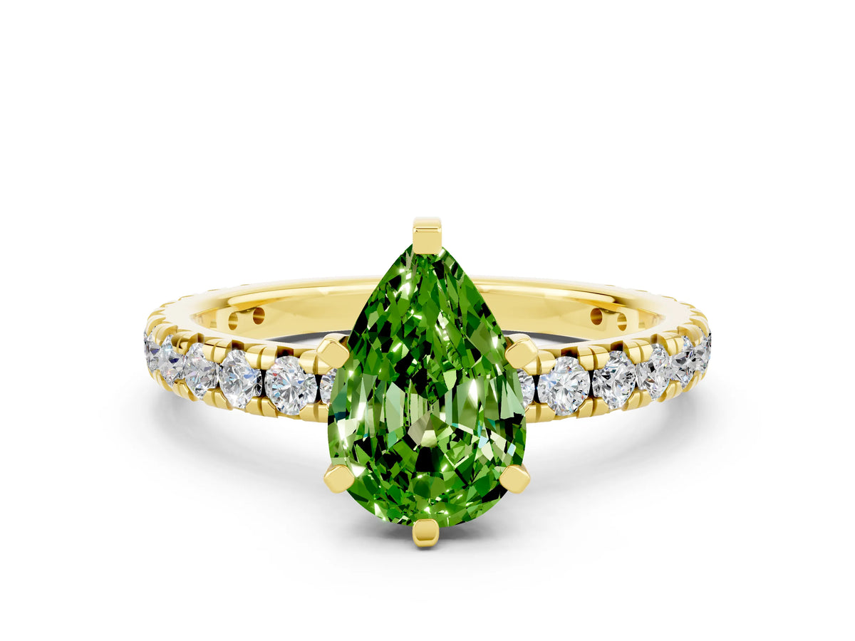 Pear Cut Peridot Pavé Solitaire Ring in Yellow gold with Round Pavé Band and Prong Setting
