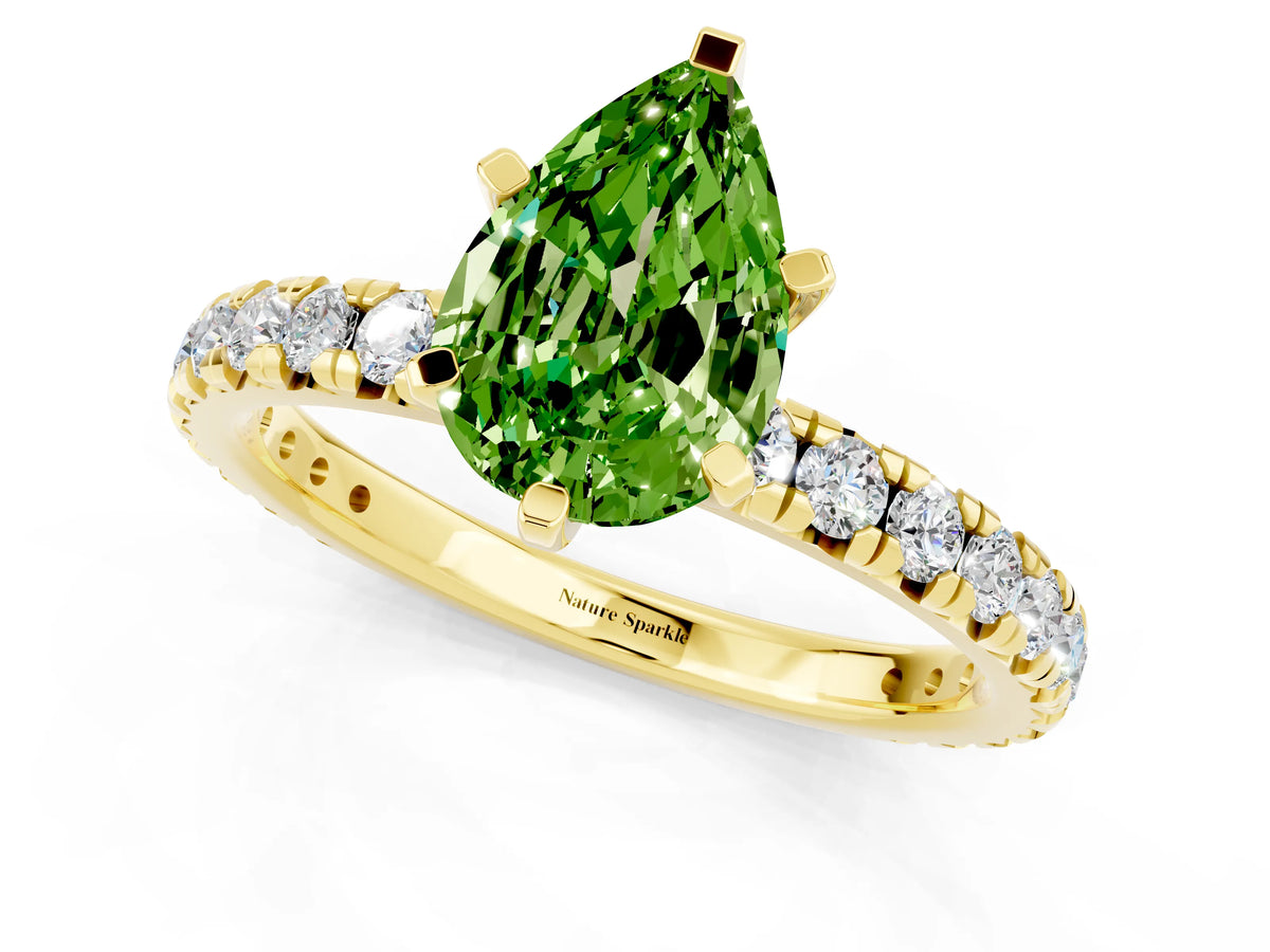 Pear Cut Peridot Pavé Solitaire Ring in Yellow gold with Round Pavé Band and Prong Setting_1