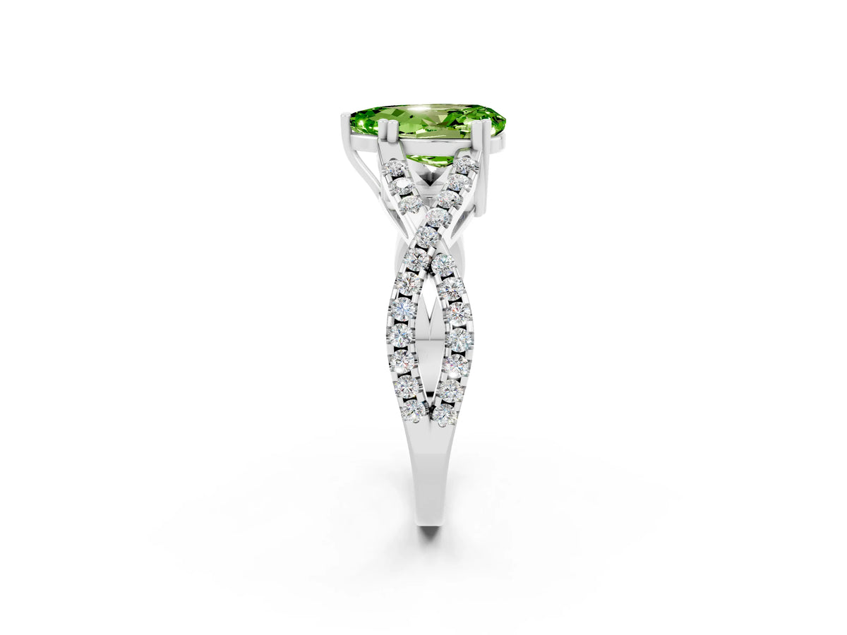 Pear Cut Peridot Solitaire Ring in Platinum with Interwoven Pavé Band and Prong Setting_8