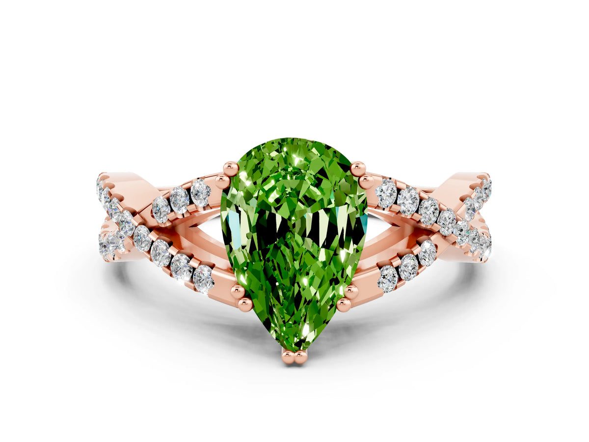 Pear Cut Peridot Solitaire Ring in Rose gold with Interwoven Pavé Band and Prong Setting