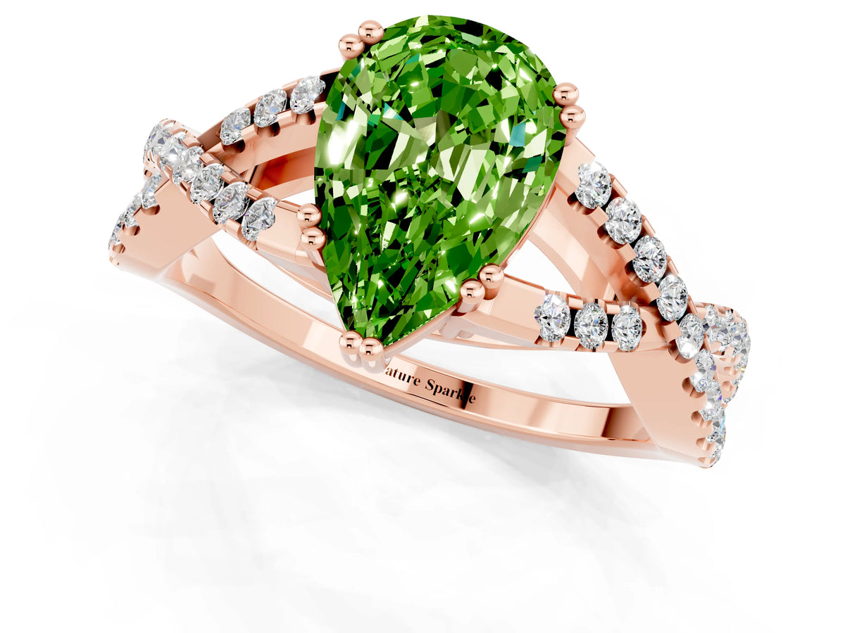 Pear Cut Peridot Solitaire Ring in Rose gold with Interwoven Pavé Band and Prong Setting_1