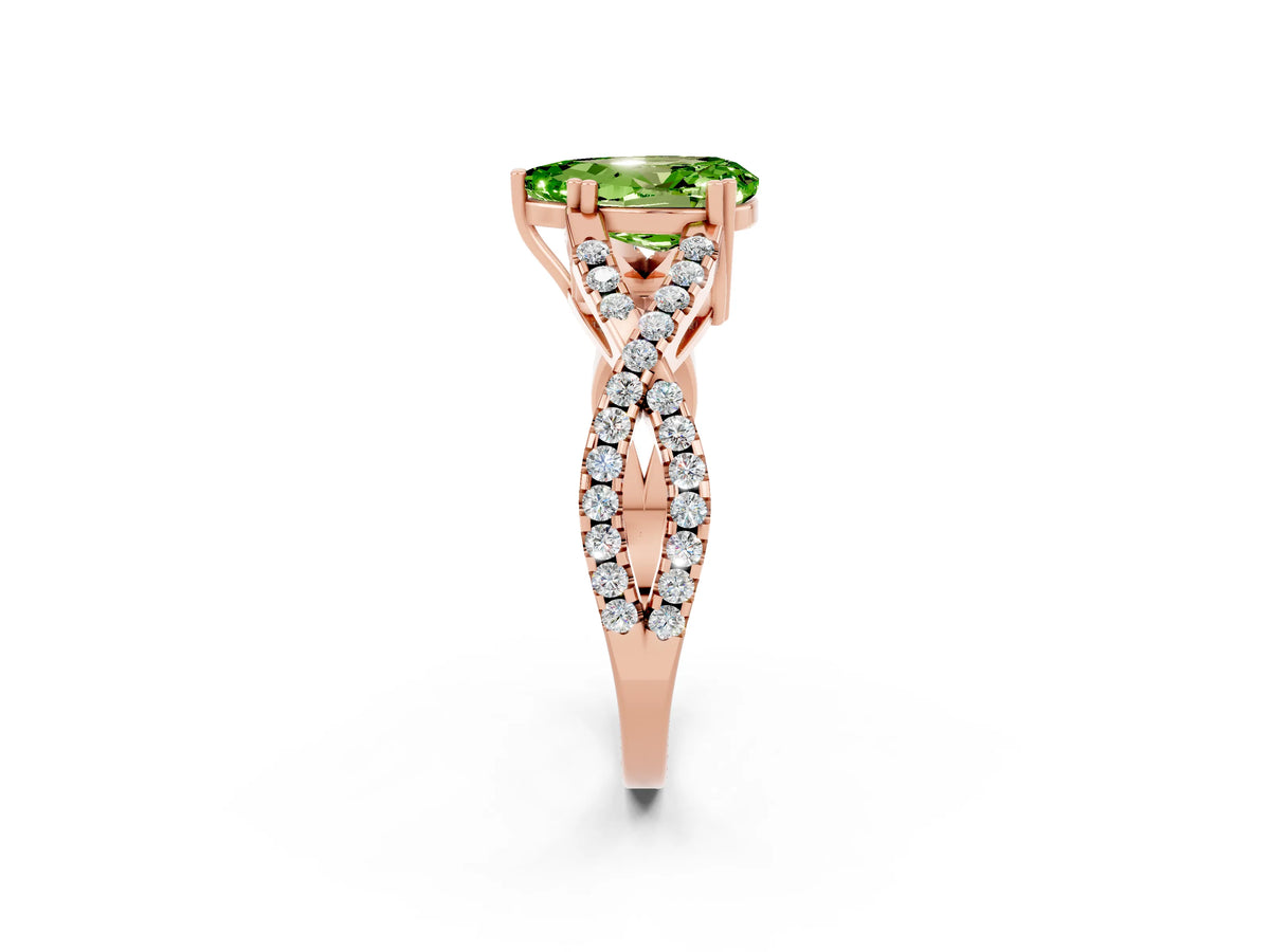 Pear Cut Peridot Solitaire Ring in Rose gold with Interwoven Pavé Band and Prong Setting_2