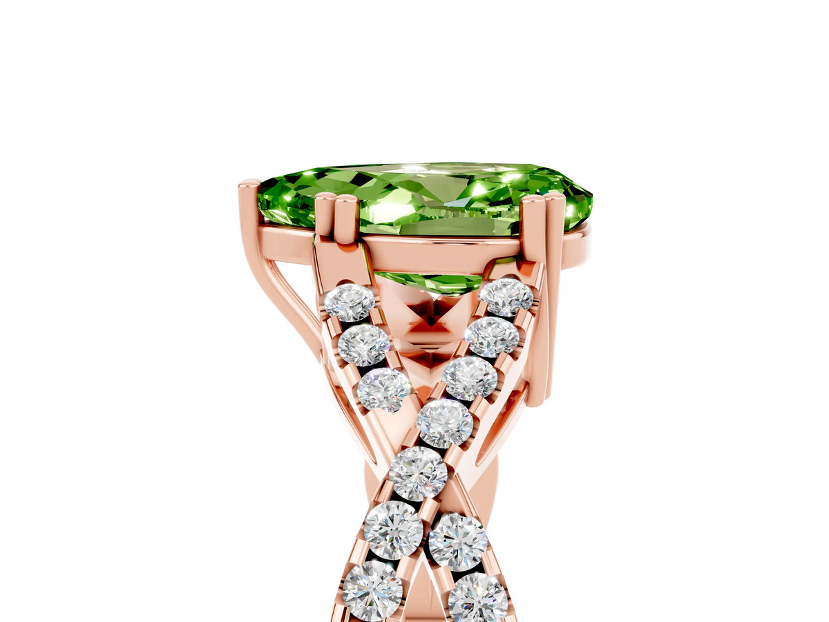 Pear Cut Peridot Solitaire Ring in Rose gold with Interwoven Pavé Band and Prong Setting_5