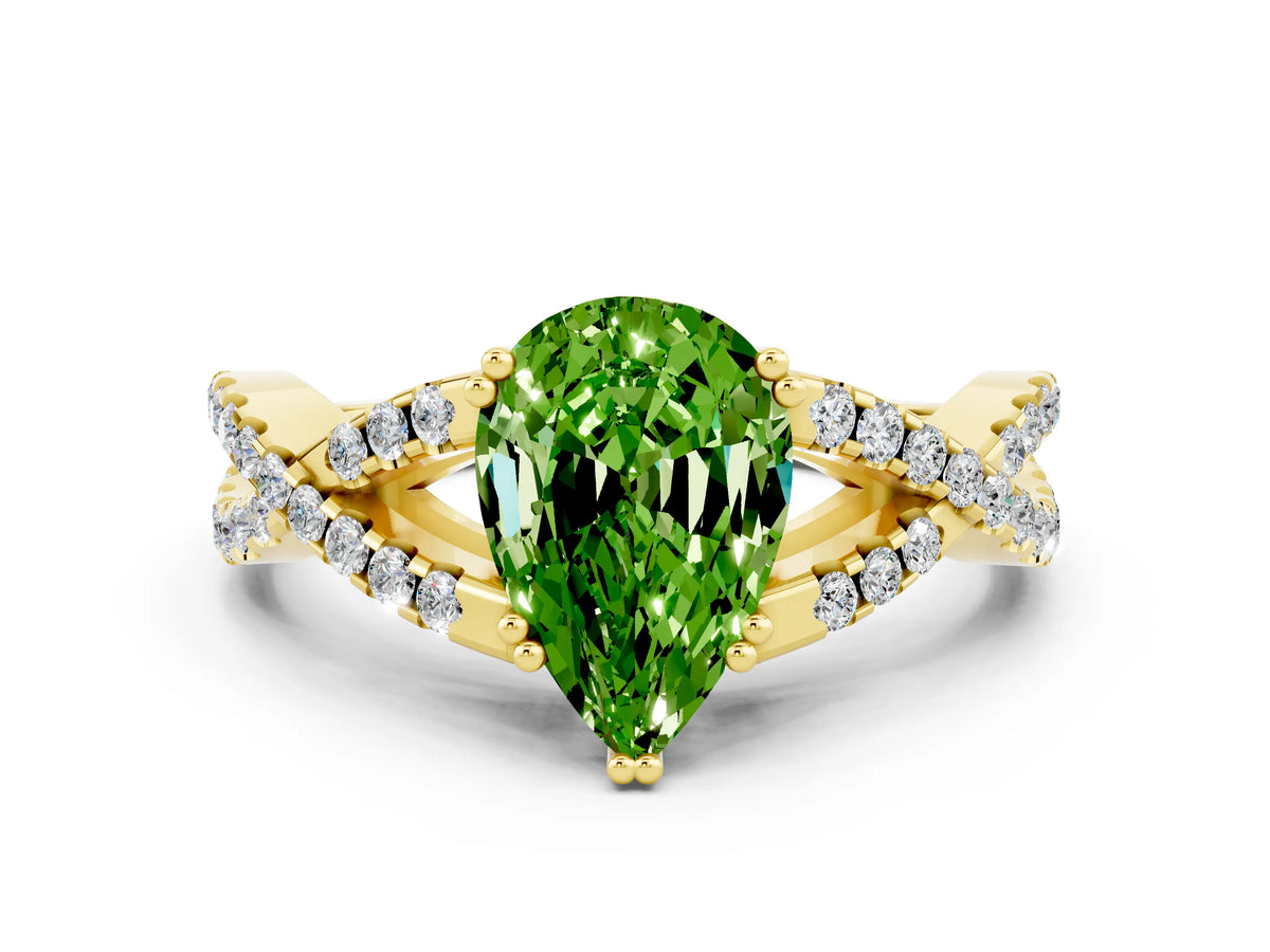 Pear Cut Peridot Solitaire Ring in Yellow gold with Interwoven Pavé Band and Prong Setting