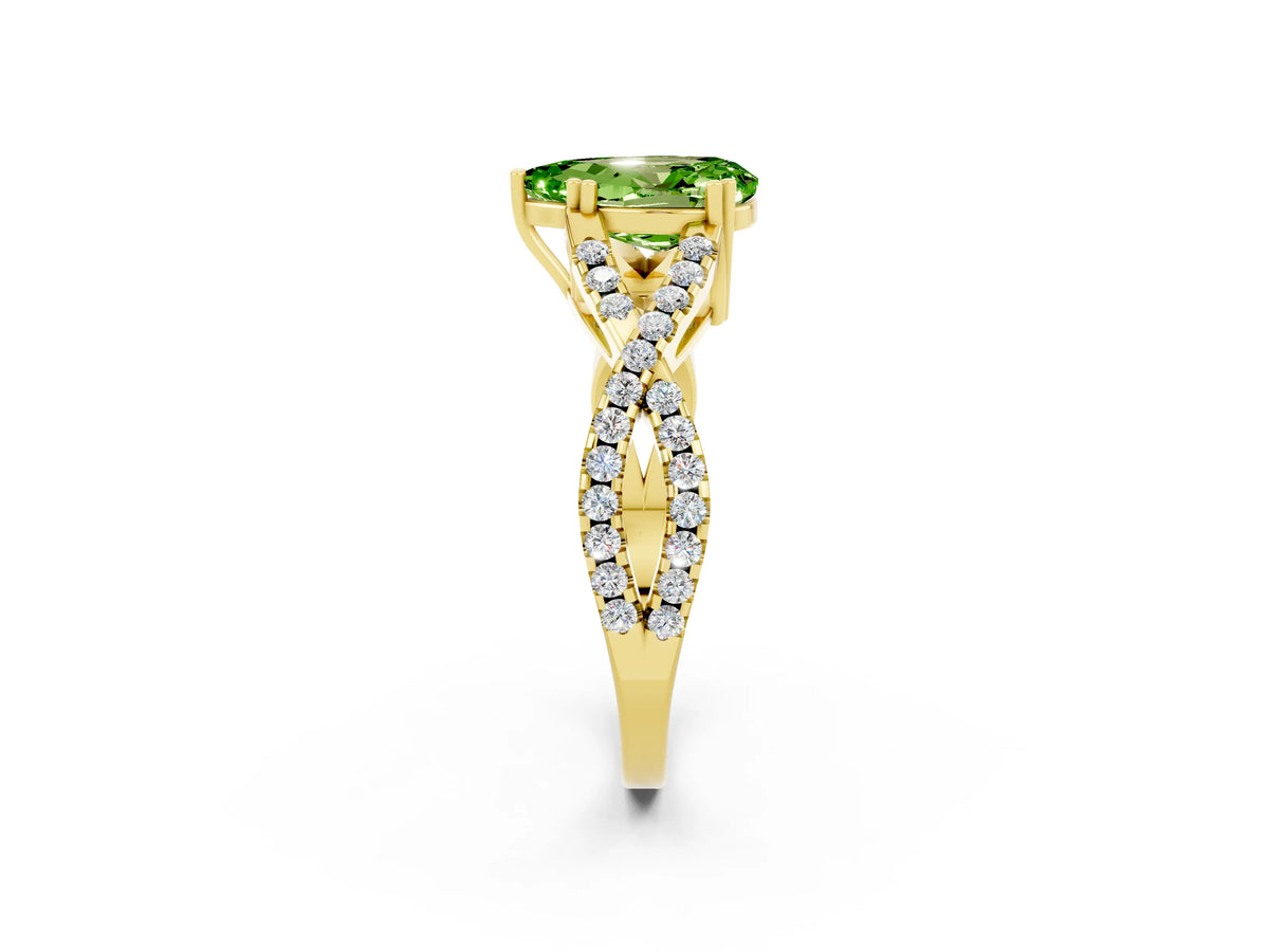 Pear Cut Peridot Solitaire Ring in Yellow gold with Interwoven Pavé Band and Prong Setting_2