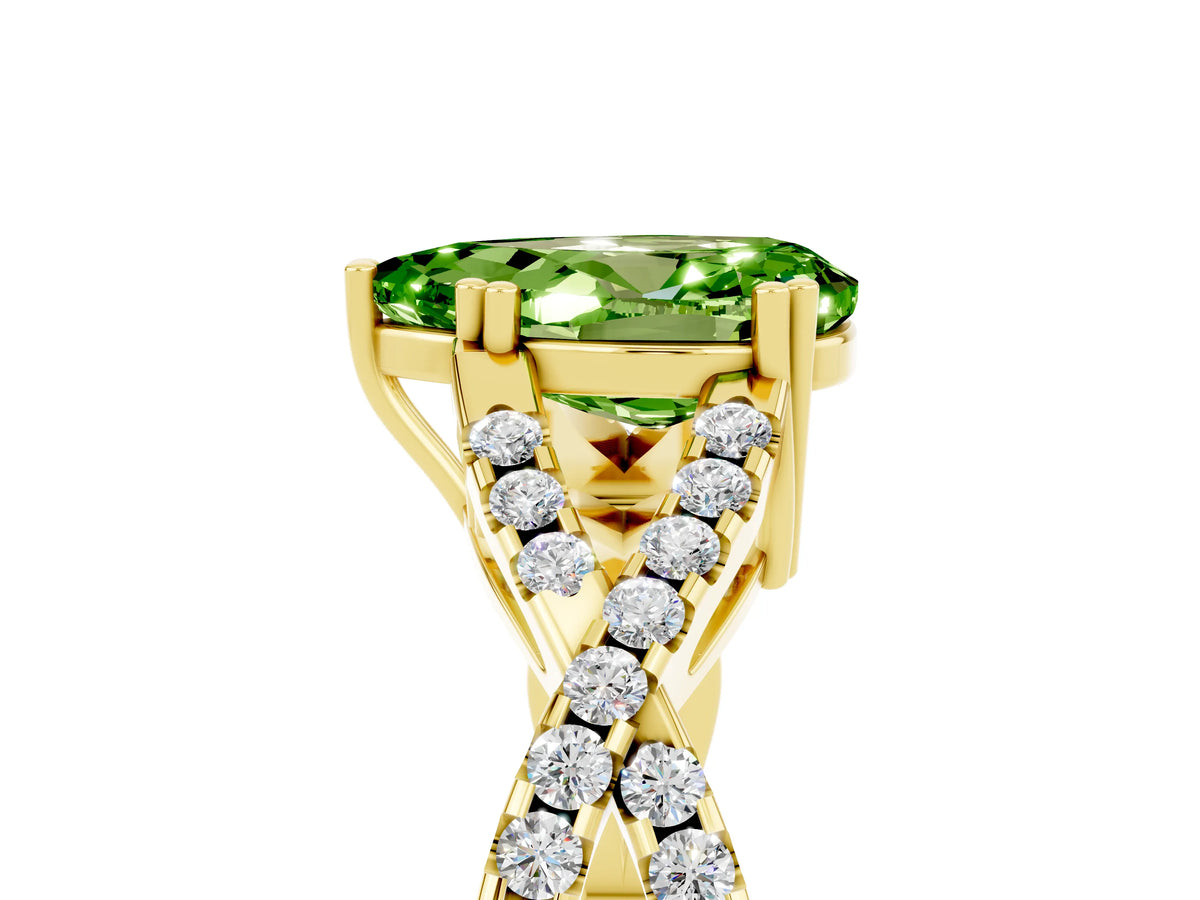 Pear Cut Peridot Solitaire Ring in Yellow gold with Interwoven Pavé Band and Prong Setting_5