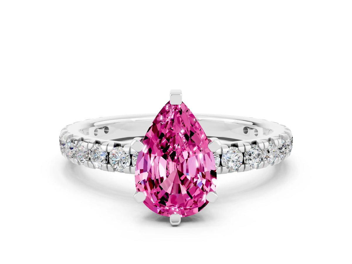 Pear Cut Pink Sapphire Pavé Solitaire Ring in Silver with Round Pavé Band and Prong Setting