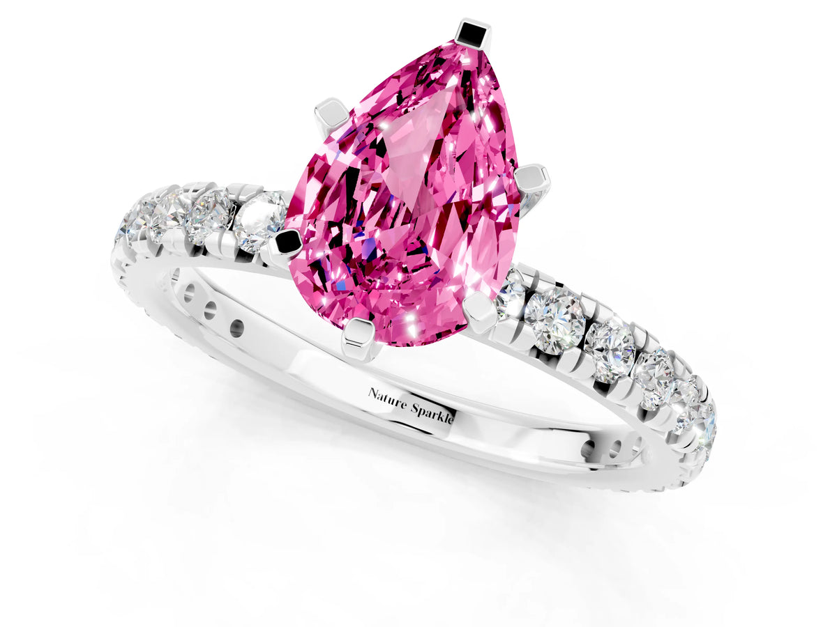 Pear Cut Pink Sapphire Pavé Solitaire Ring in Silver with Round Pavé Band and Prong Setting_1