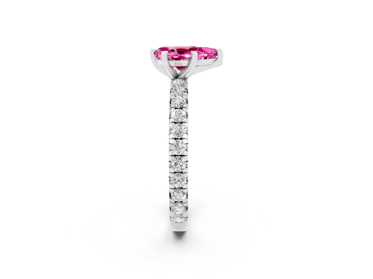 Pear Cut Pink Sapphire Pavé Solitaire Ring in Silver with Round Pavé Band and Prong Setting_2