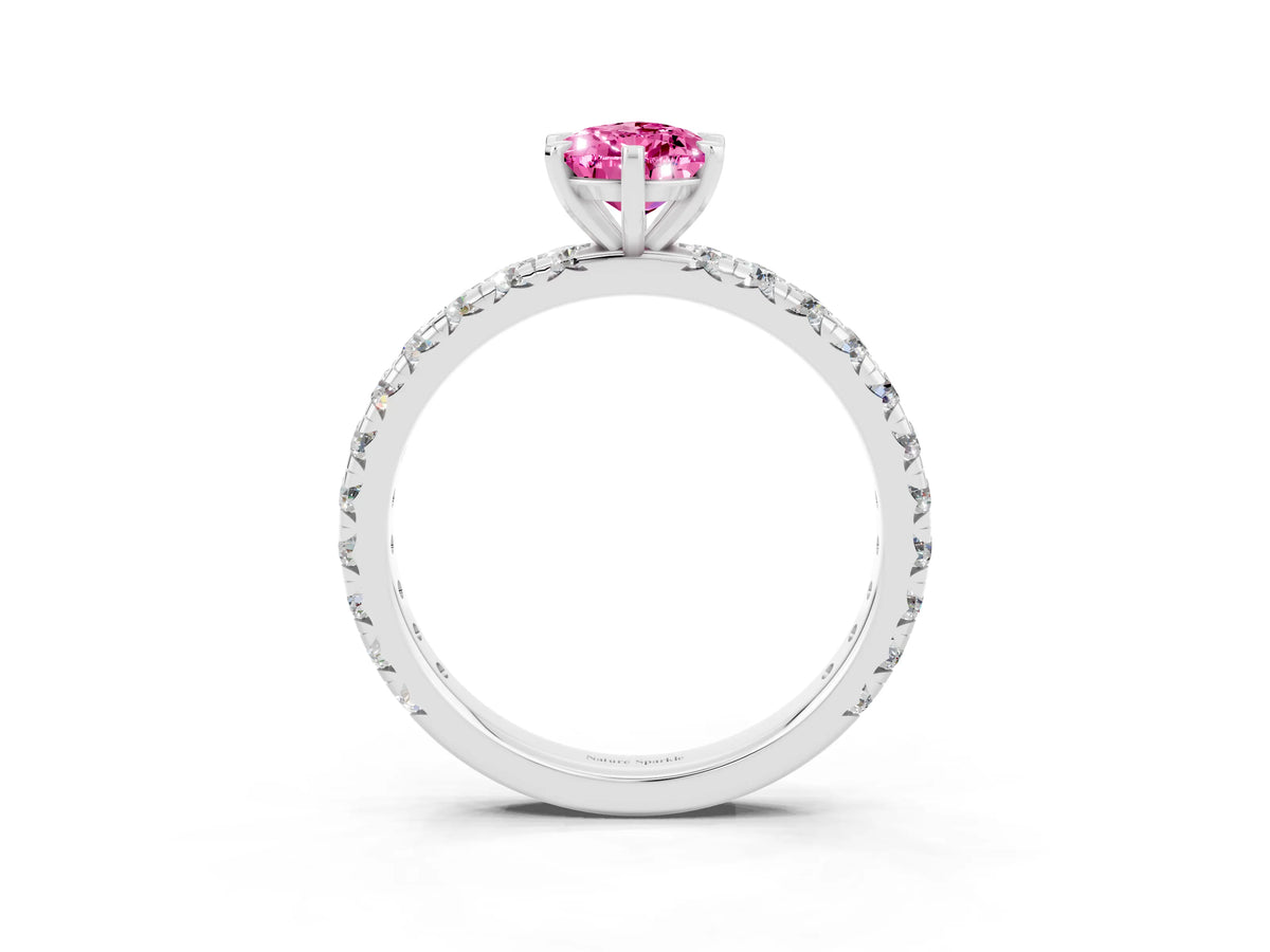 Pear Cut Pink Sapphire Pavé Solitaire Ring in Silver with Round Pavé Band and Prong Setting_3
