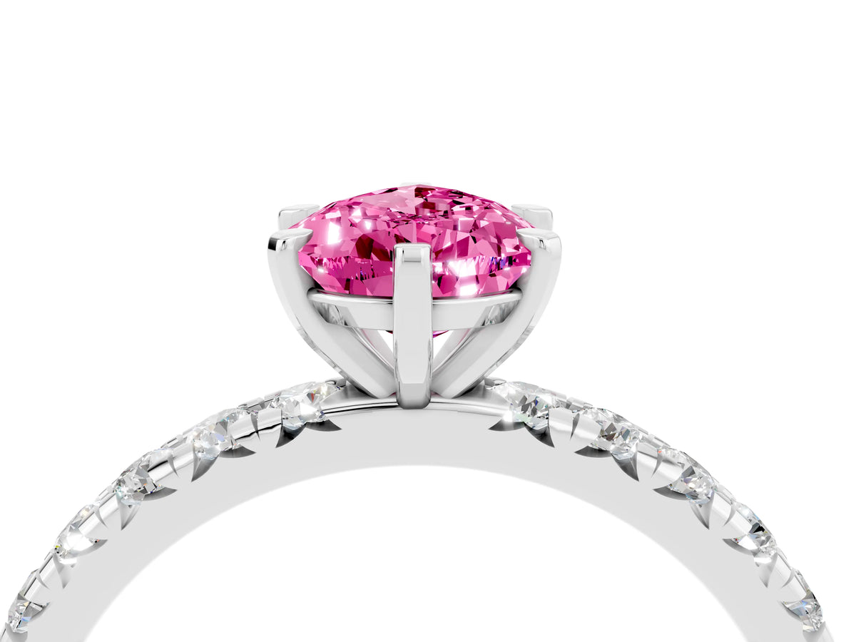Pear Cut Pink Sapphire Pavé Solitaire Ring in Silver with Round Pavé Band and Prong Setting_4
