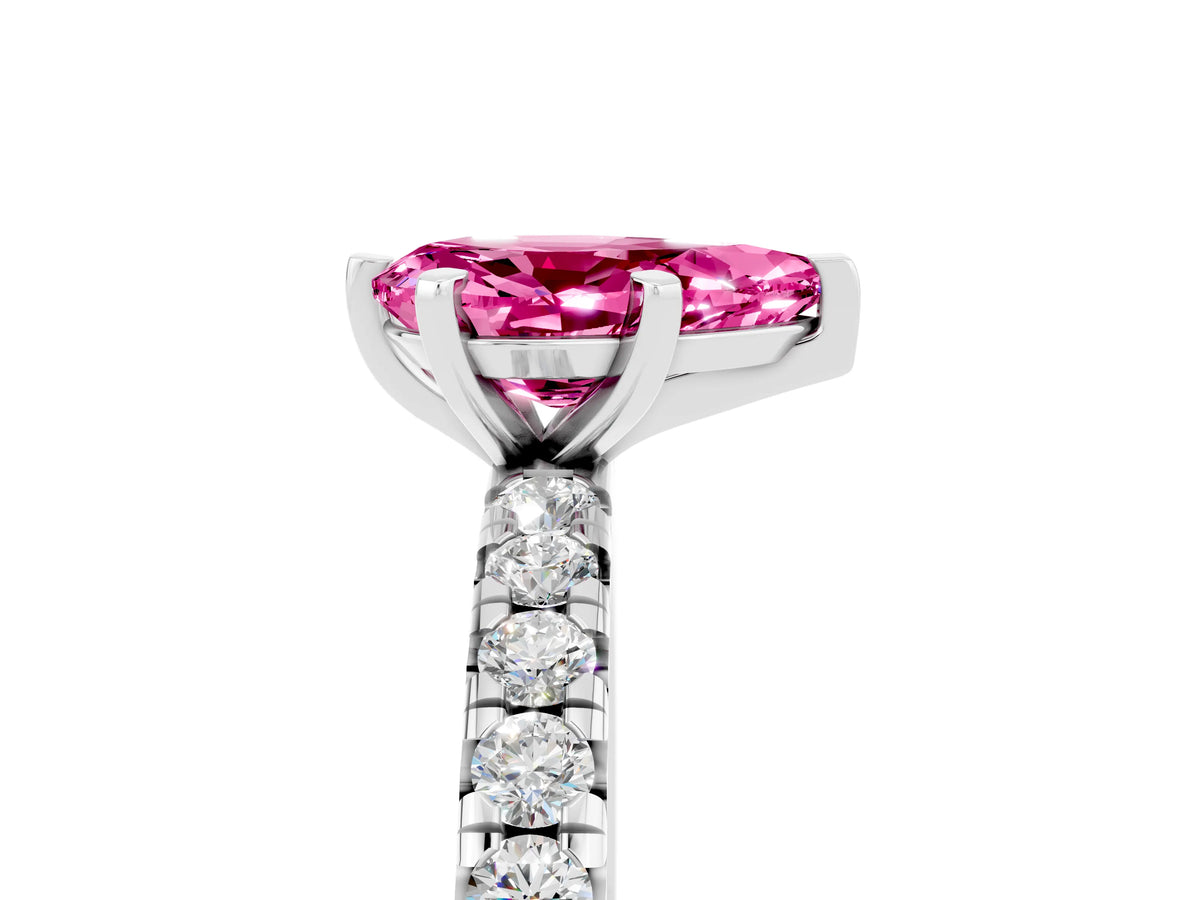 Pear Cut Pink Sapphire Pavé Solitaire Ring in Silver with Round Pavé Band and Prong Setting_5