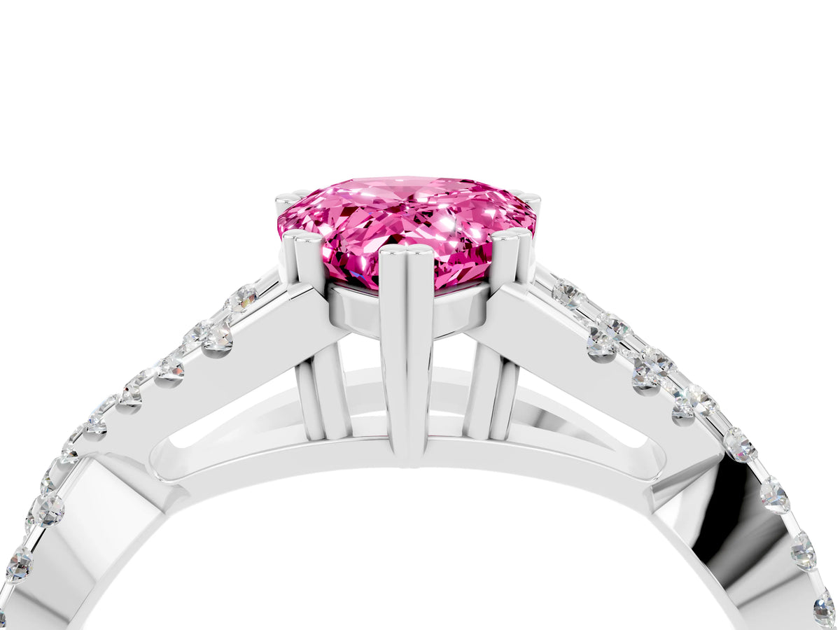 Pear Cut Pink Sapphire Solitaire Ring in Platinum with Interwoven Pavé Band and Prong Setting_10