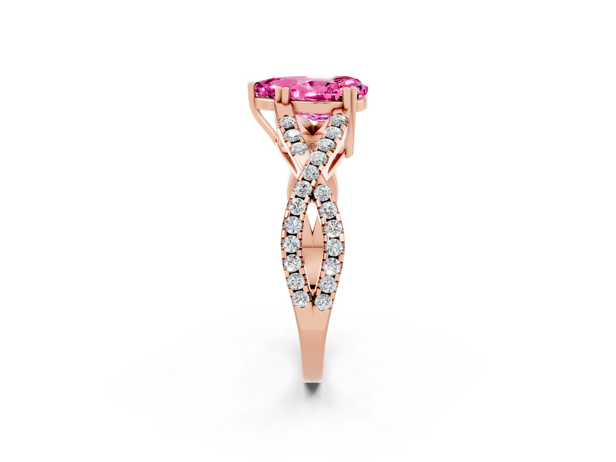 Pear Cut Pink Sapphire Solitaire Ring in Rose gold with Interwoven Pavé Band and Prong Setting_2