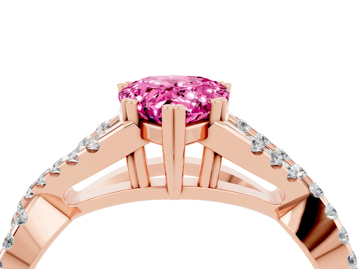 Pear Cut Pink Sapphire Solitaire Ring in Rose gold with Interwoven Pavé Band and Prong Setting_4