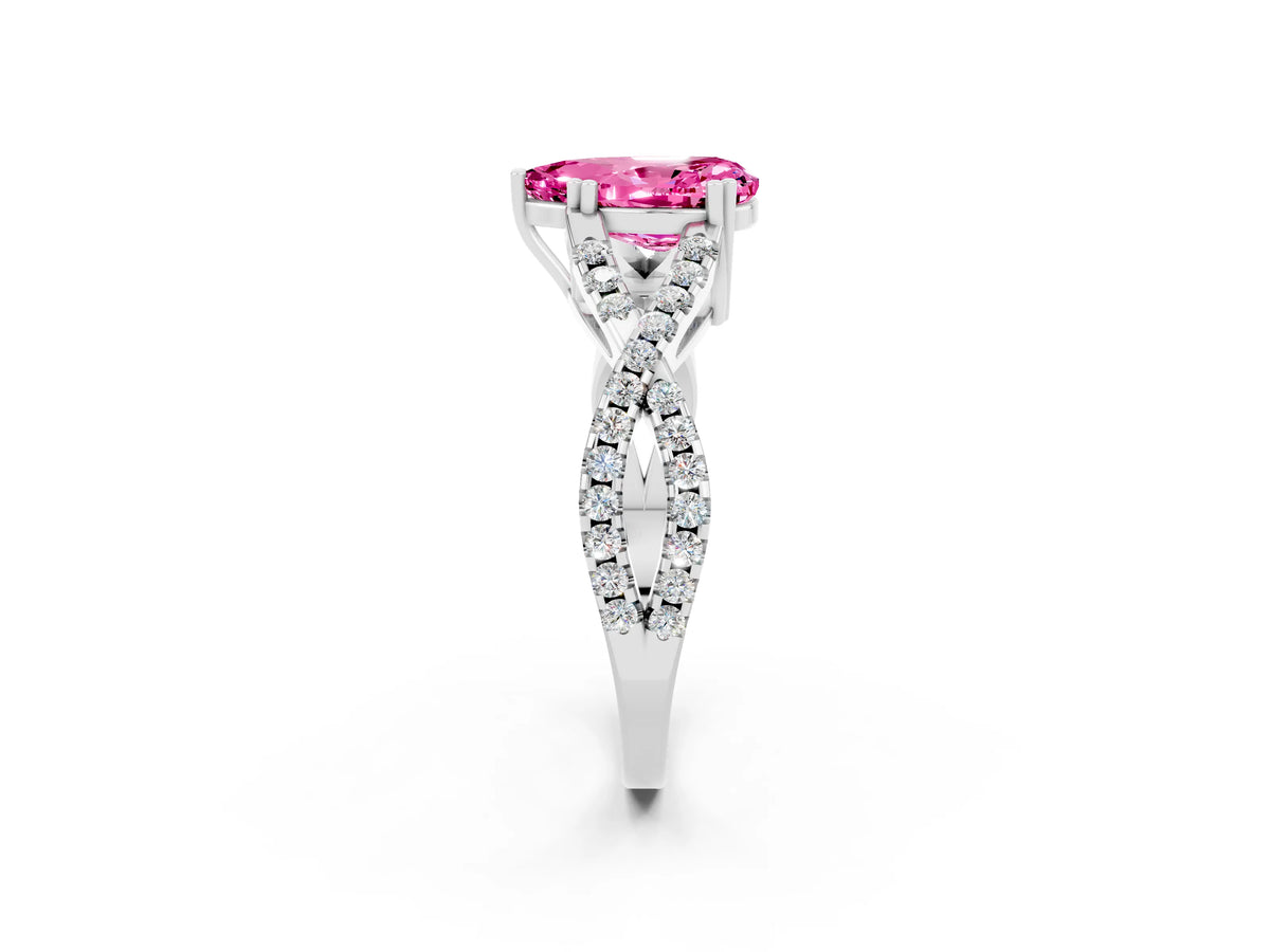 Pear Cut Pink Sapphire Solitaire Ring in Silver with Interwoven Pavé Band and Prong Setting_8