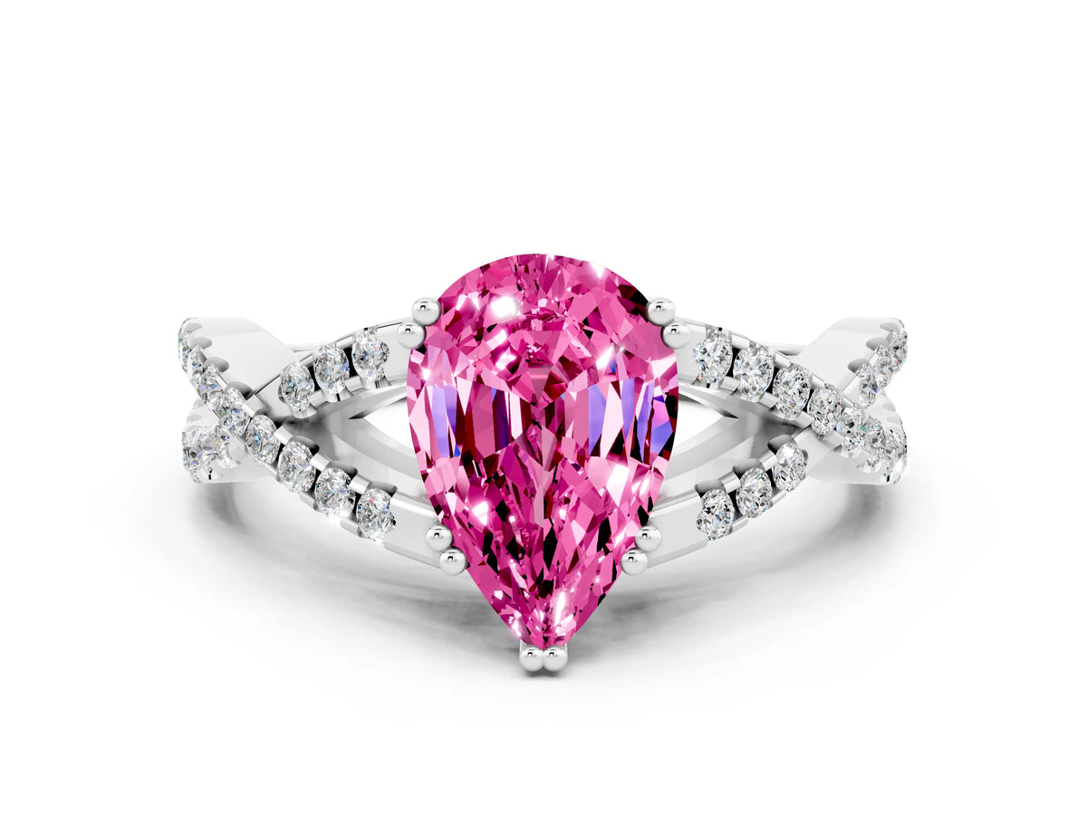 Pear Cut Pink Sapphire Solitaire Ring in White gold with Interwoven Pavé Band and Prong Setting