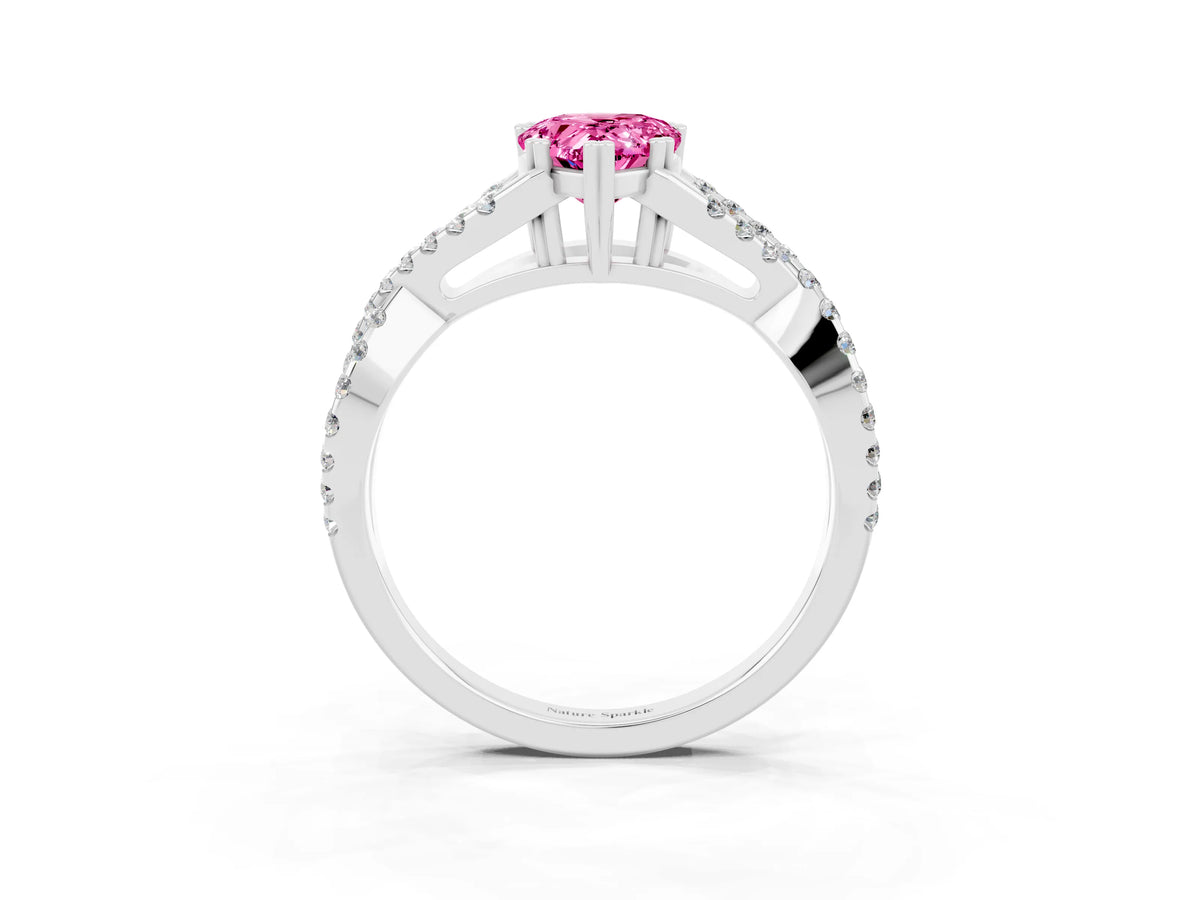 Pear Cut Pink Sapphire Solitaire Ring in White gold with Interwoven Pavé Band and Prong Setting_3