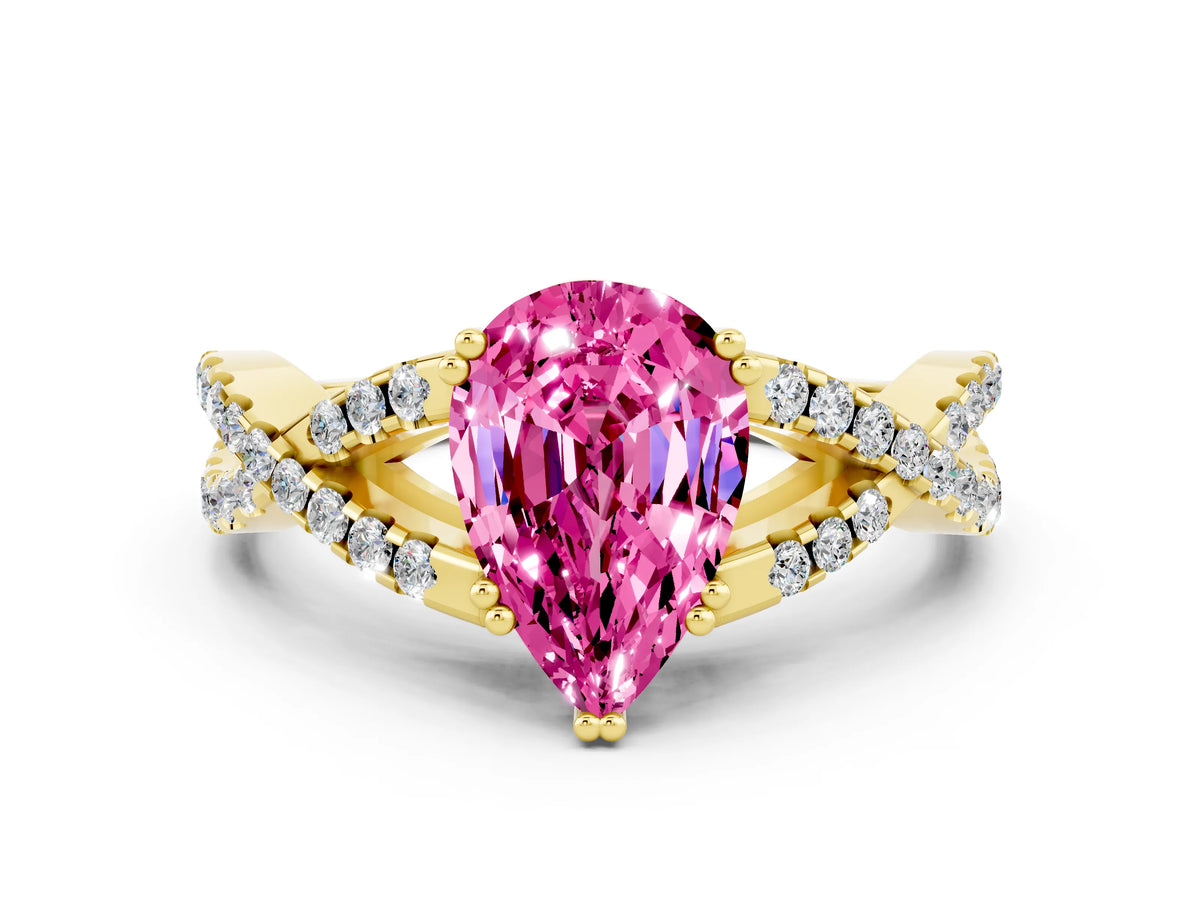 Pear Cut Pink Sapphire Solitaire Ring in Yellow gold with Interwoven Pavé Band and Prong Setting