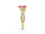 Pear Cut Pink Sapphire Solitaire Ring in Yellow gold with Interwoven Pavé Band and Prong Setting_2