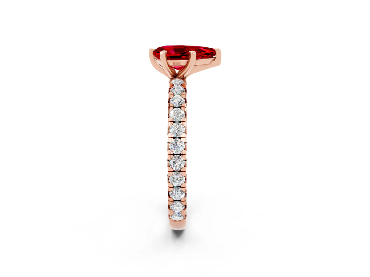 Pear Cut Ruby Pavé Solitaire Ring in Rose gold with Round Pavé Band and Prong Setting_2