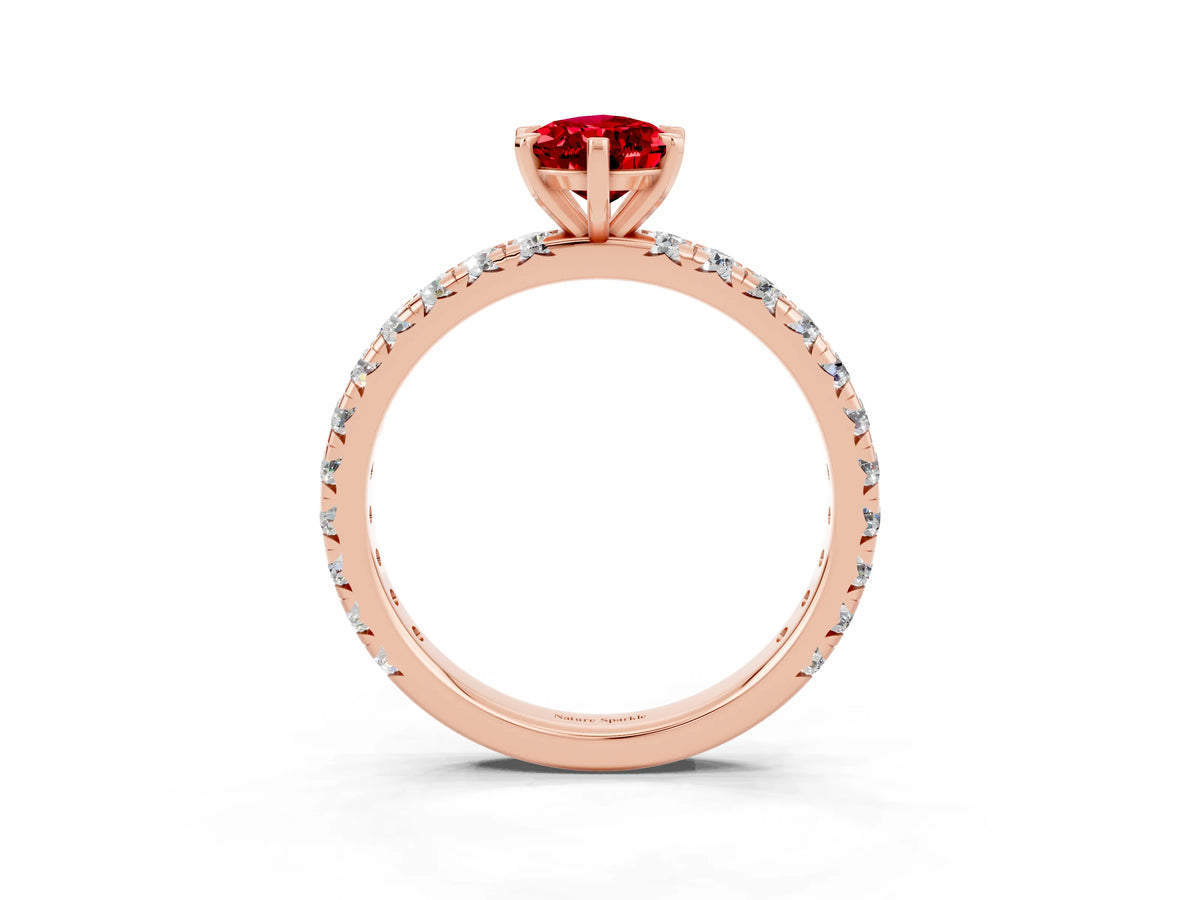 Pear Cut Ruby Pavé Solitaire Ring in Rose gold with Round Pavé Band and Prong Setting_3