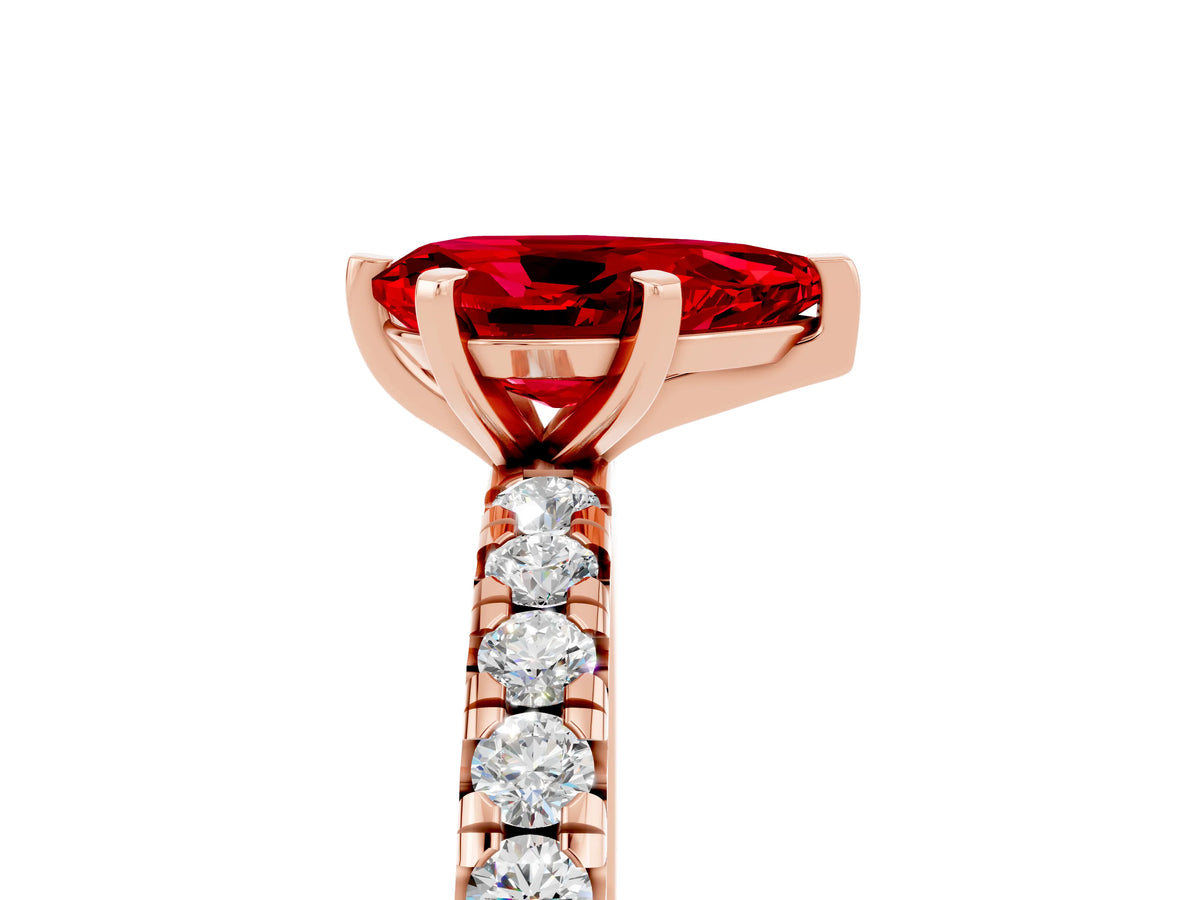 Pear Cut Ruby Pavé Solitaire Ring in Rose gold with Round Pavé Band and Prong Setting_5