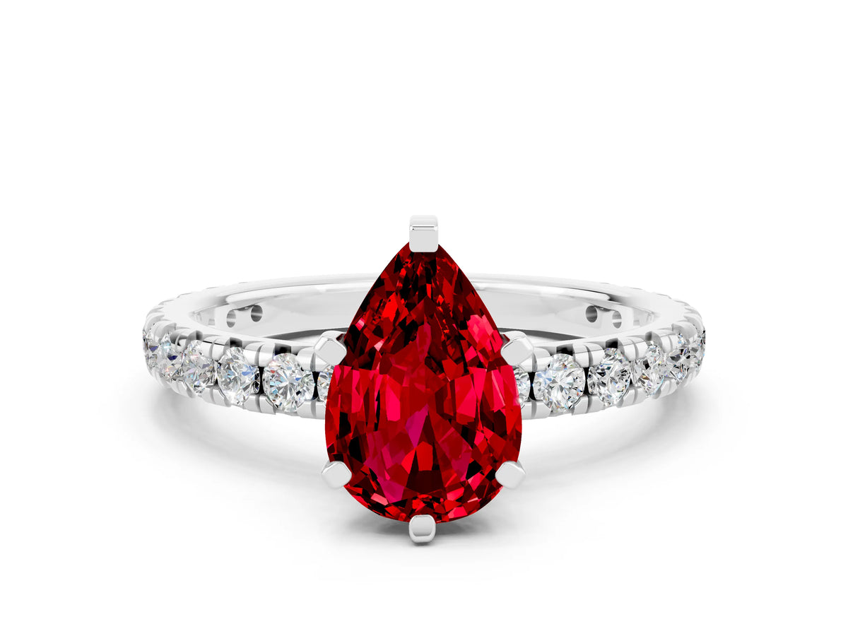 Pear Cut Ruby Pavé Solitaire Ring in White gold with Round Pavé Band and Prong Setting