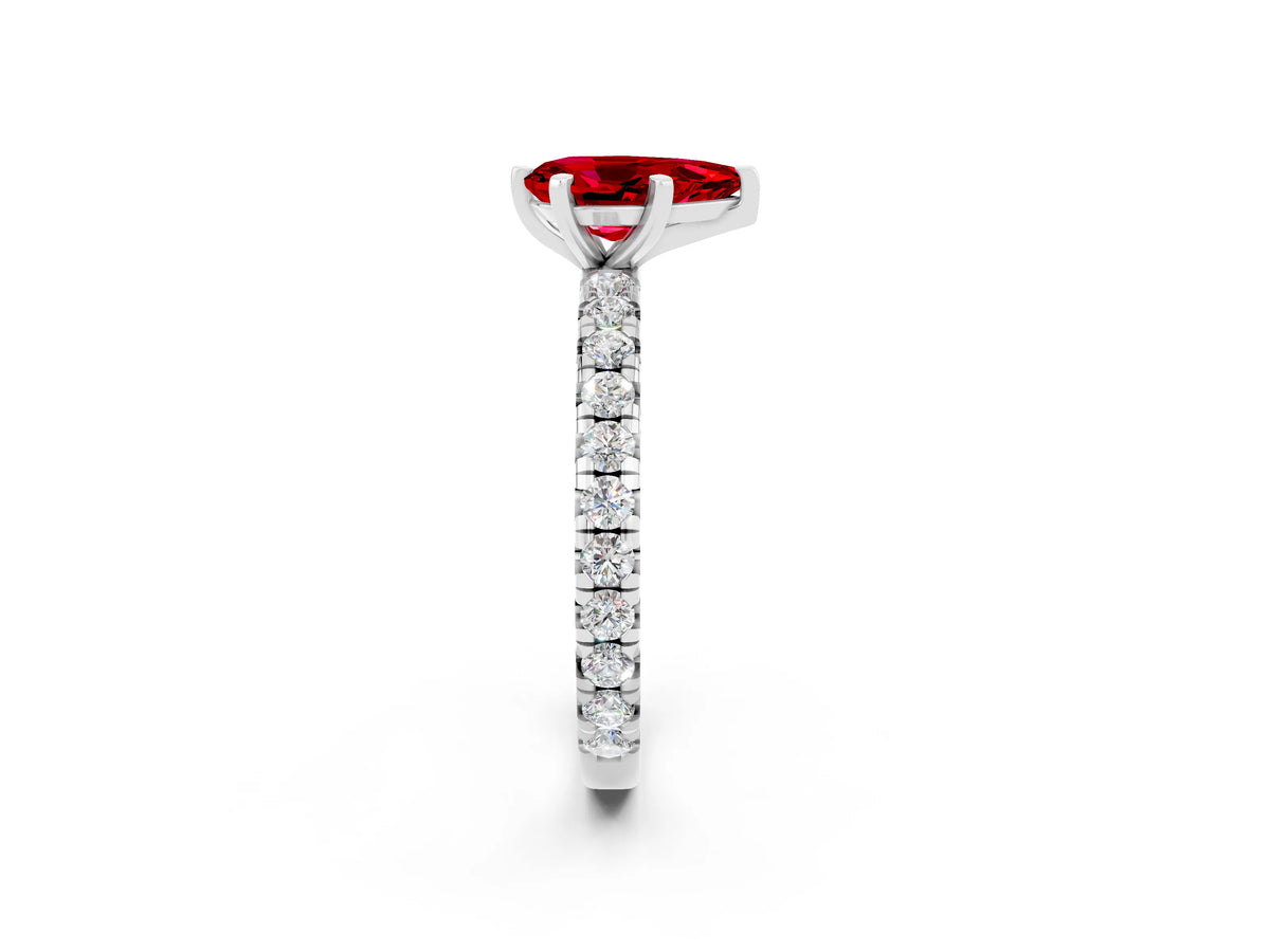 Pear Cut Ruby Pavé Solitaire Ring in White gold with Round Pavé Band and Prong Setting_2