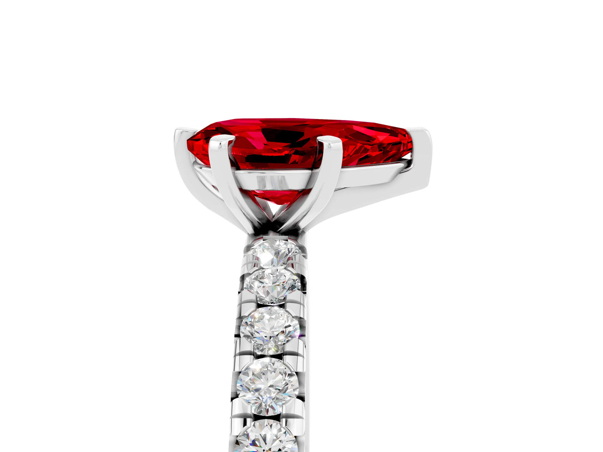 Pear Cut Ruby Pavé Solitaire Ring in White gold with Round Pavé Band and Prong Setting_5