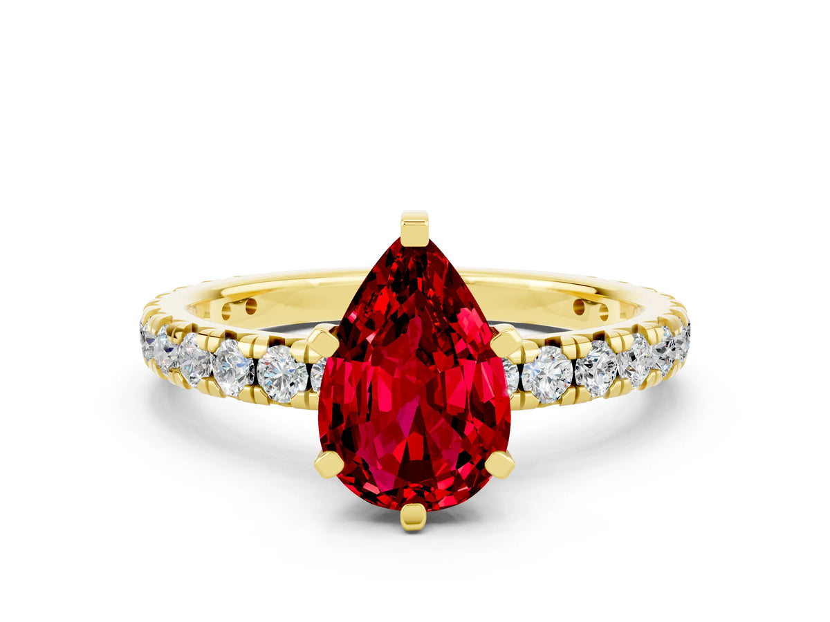 Pear Cut Ruby Pavé Solitaire Ring in Yellow gold with Round Pavé Band and Prong Setting