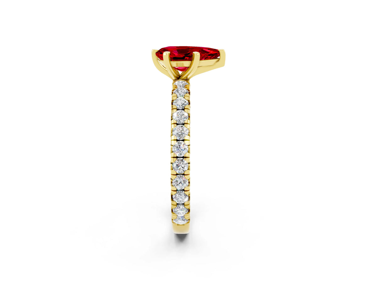 Pear Cut Ruby Pavé Solitaire Ring in Yellow gold with Round Pavé Band and Prong Setting_2