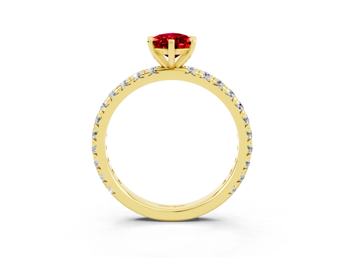Pear Cut Ruby Pavé Solitaire Ring in Yellow gold with Round Pavé Band and Prong Setting_3