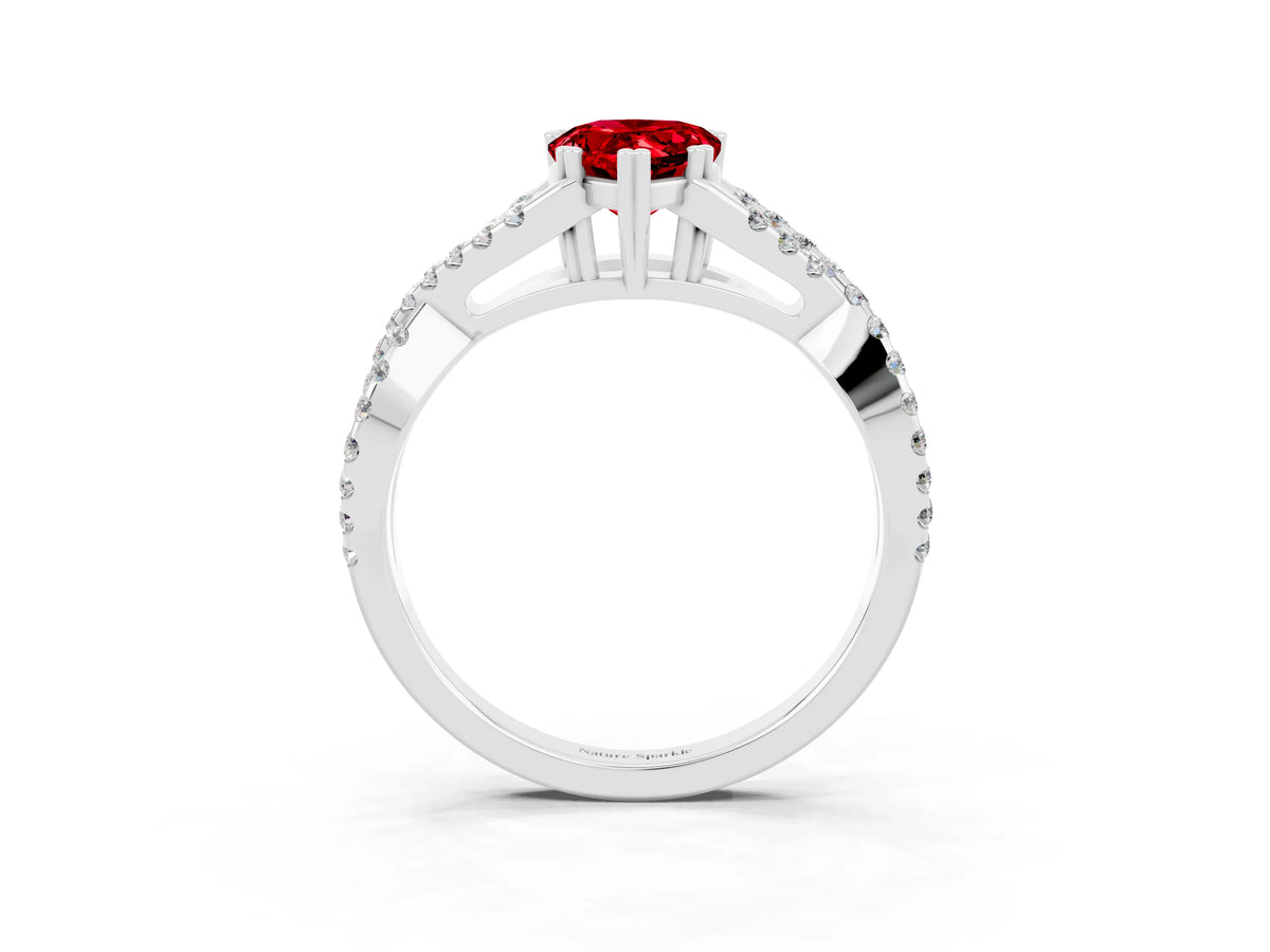 Pear Cut Ruby Solitaire Ring in Platinum with Interwoven Pavé Band and Prong Setting_9