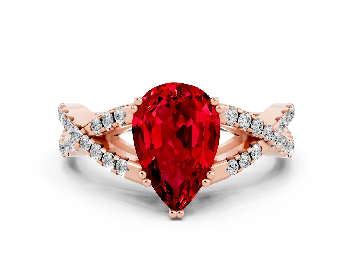 Pear Cut Ruby Solitaire Ring in Rose gold with Interwoven Pavé Band and Prong Setting