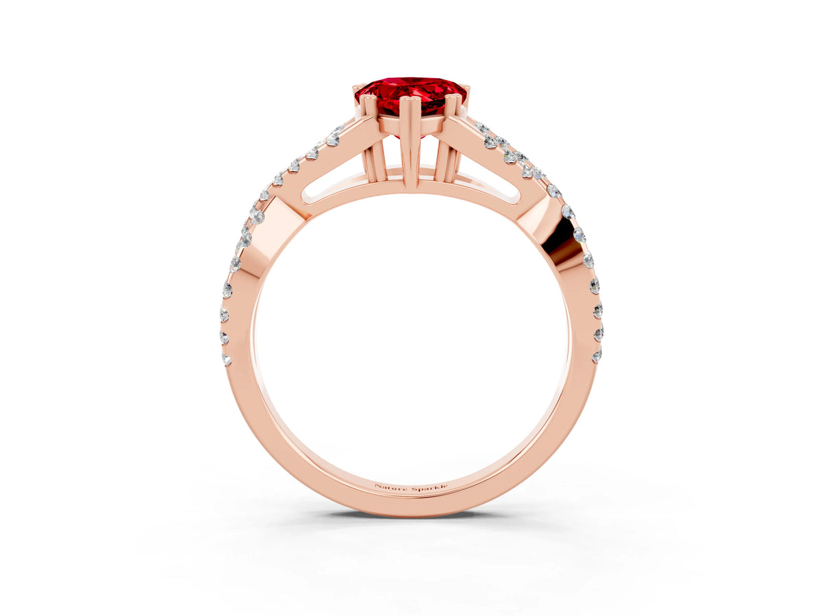 Pear Cut Ruby Solitaire Ring in Rose gold with Interwoven Pavé Band and Prong Setting_3