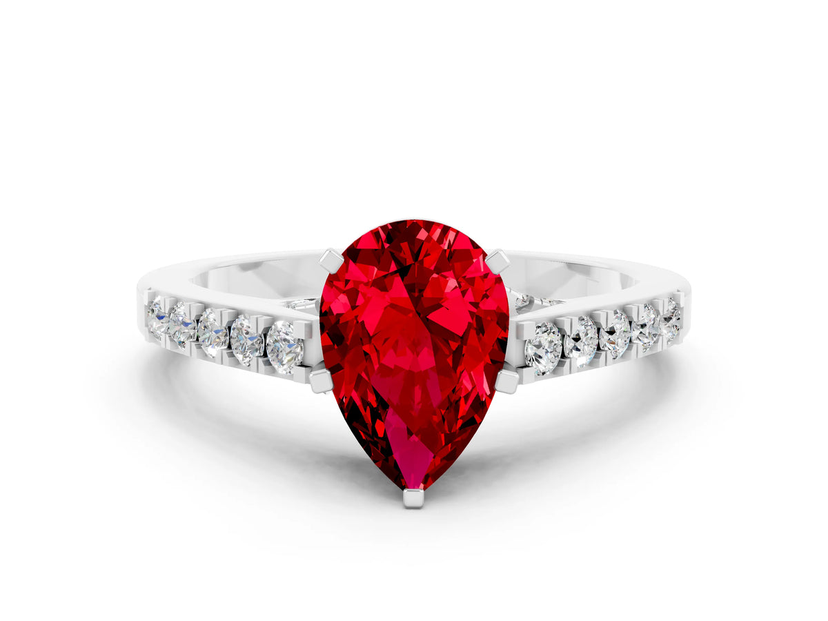Pear Cut Ruby Solitaire Ring in Silver with Crossover Gallery and Round Pavé Band