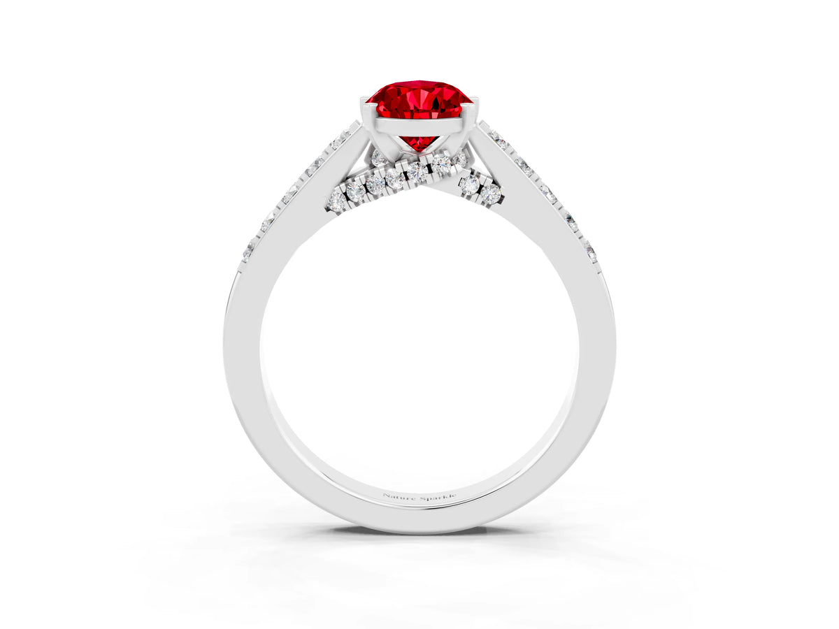 Pear Cut Ruby Solitaire Ring in Silver with Crossover Gallery and Round Pavé Band_3