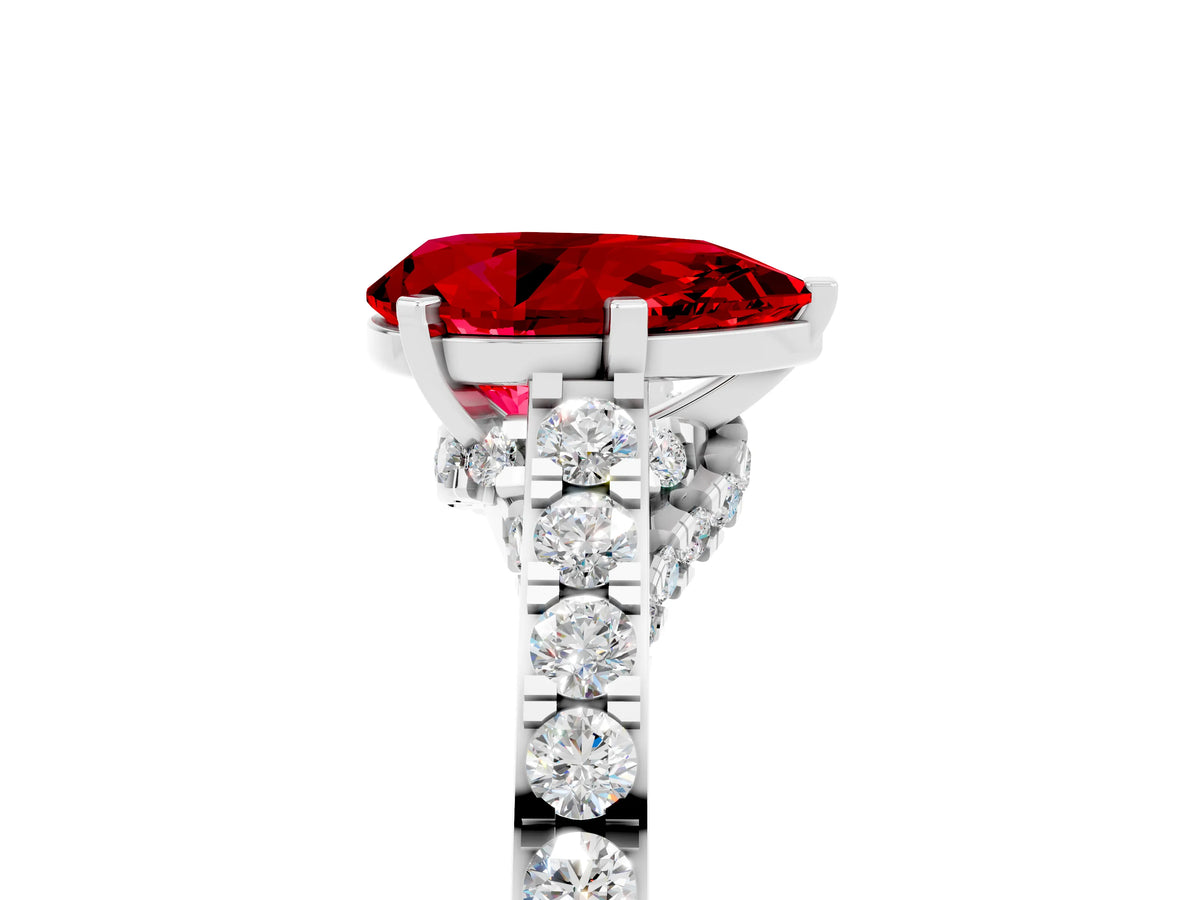 Pear Cut Ruby Solitaire Ring in Silver with Crossover Gallery and Round Pavé Band_5