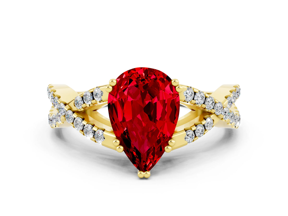 Pear Cut Ruby Solitaire Ring in Yellow gold with Interwoven Pavé Band and Prong Setting