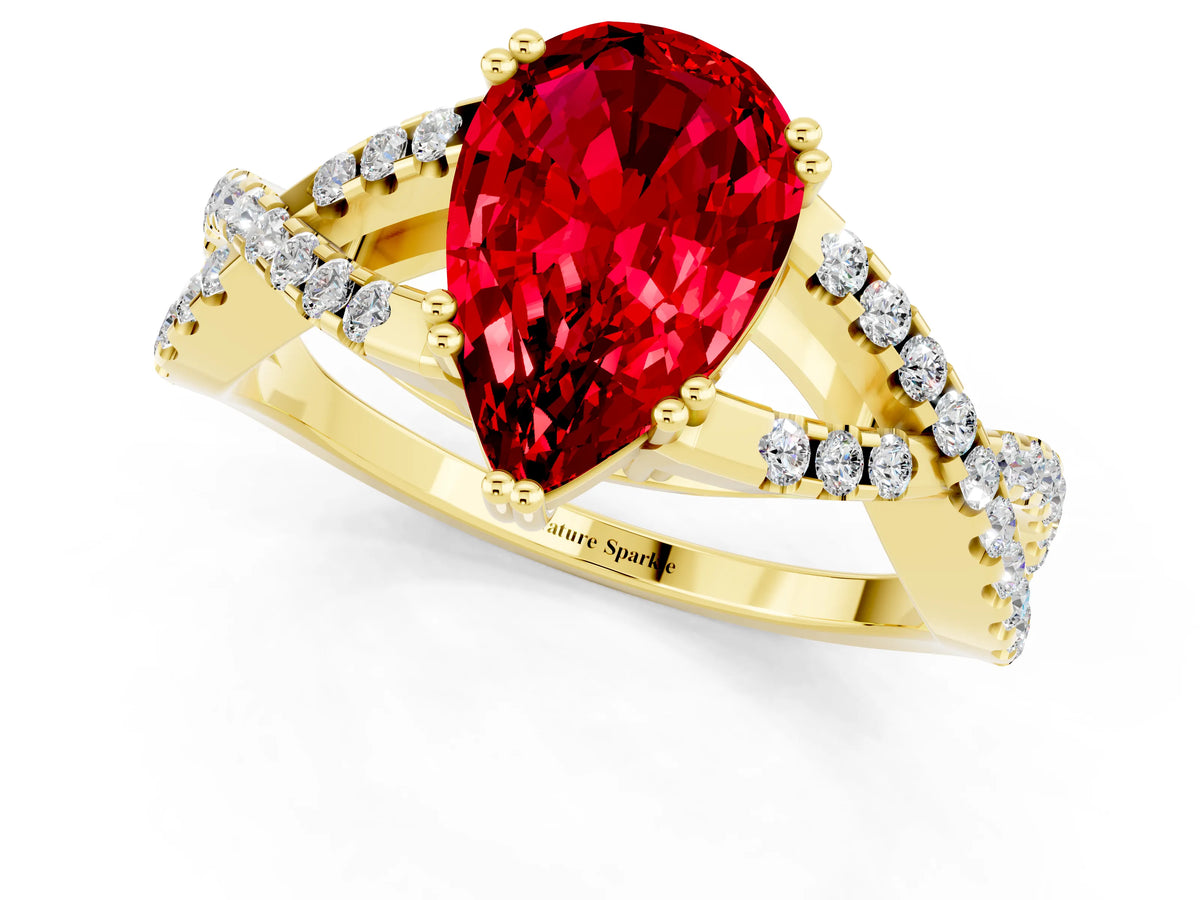Pear Cut Ruby Solitaire Ring in Yellow gold with Interwoven Pavé Band and Prong Setting_1
