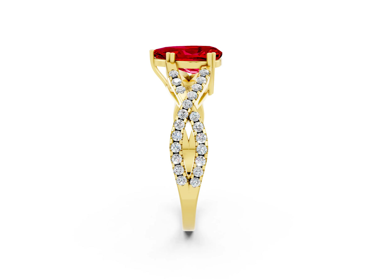 Pear Cut Ruby Solitaire Ring in Yellow gold with Interwoven Pavé Band and Prong Setting_2