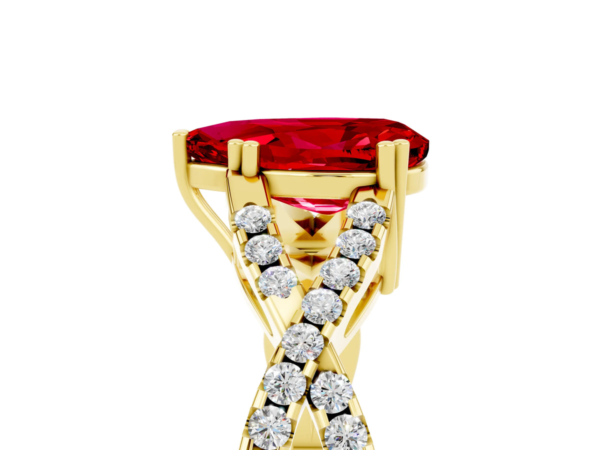 Pear Cut Ruby Solitaire Ring in Yellow gold with Interwoven Pavé Band and Prong Setting_5
