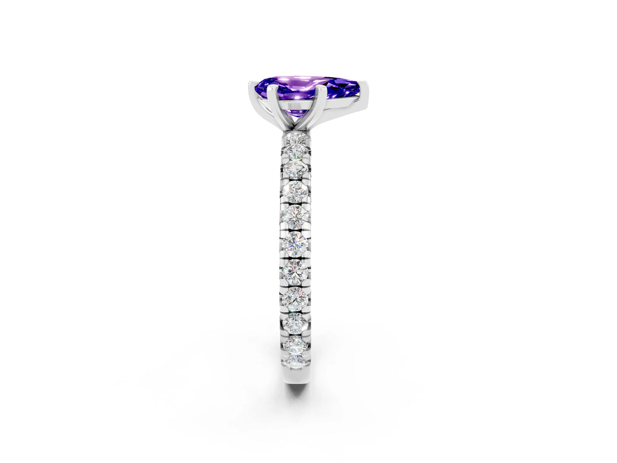 Pear Cut Tanzanite Pavé Solitaire Ring in Silver with Round Pavé Band and Prong Setting_2