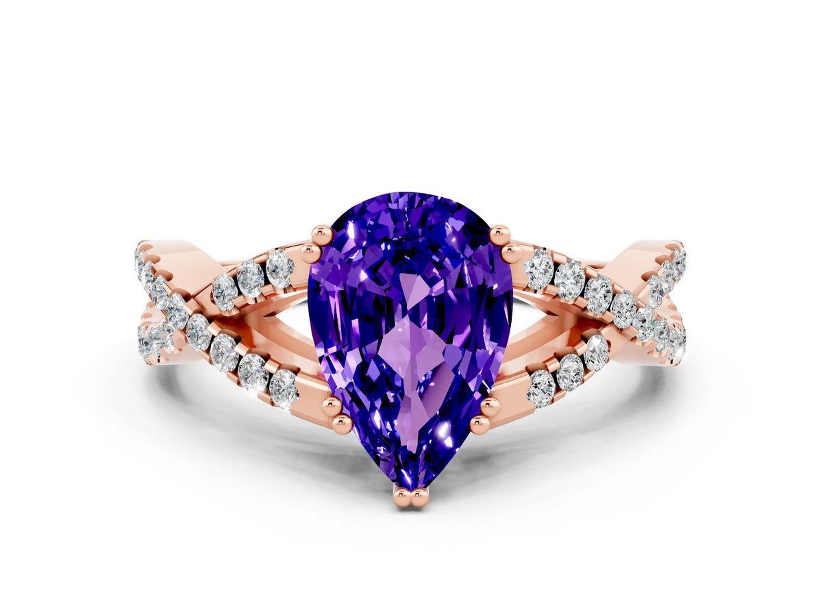 Pear Cut Tanzanite Solitaire Ring in Rose gold with Interwoven Pavé Band and Prong Setting